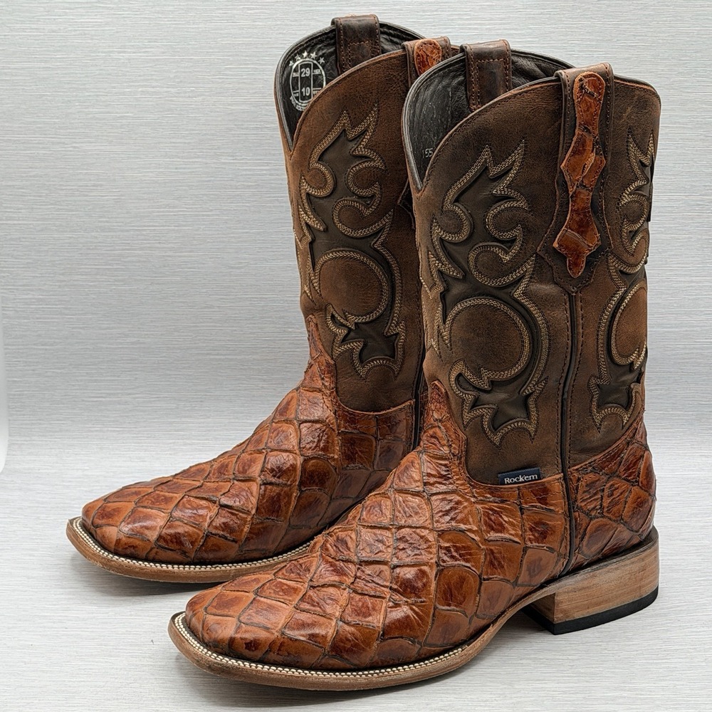 Rock'em Bradley Men's 11 Pirarucu Print Leather Cowboy Boots Brown Square Toe